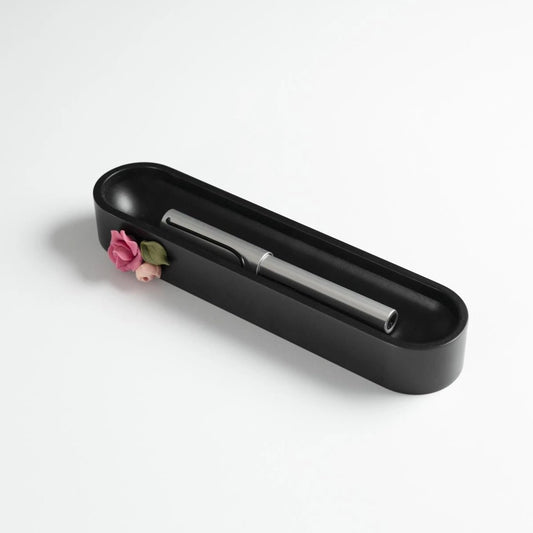 Black Oval Pen Tray with Flower and Bud