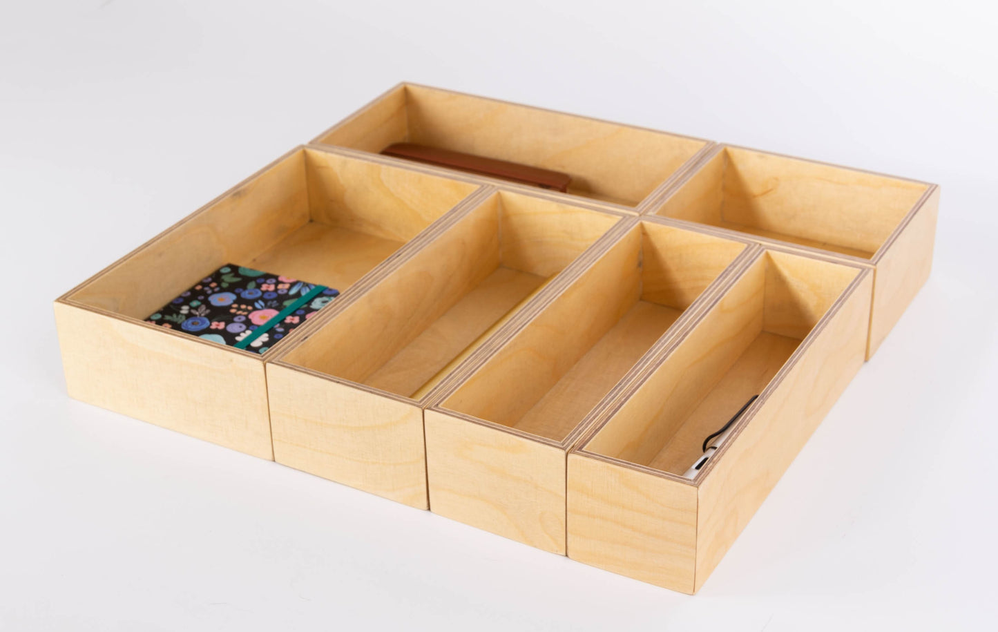 Wood Drawer Organizer Set, 6 Piece Wooden Storage Boxes, Makeup , Jewelry, Pen and Junk Organizer Trays Made of Plywood