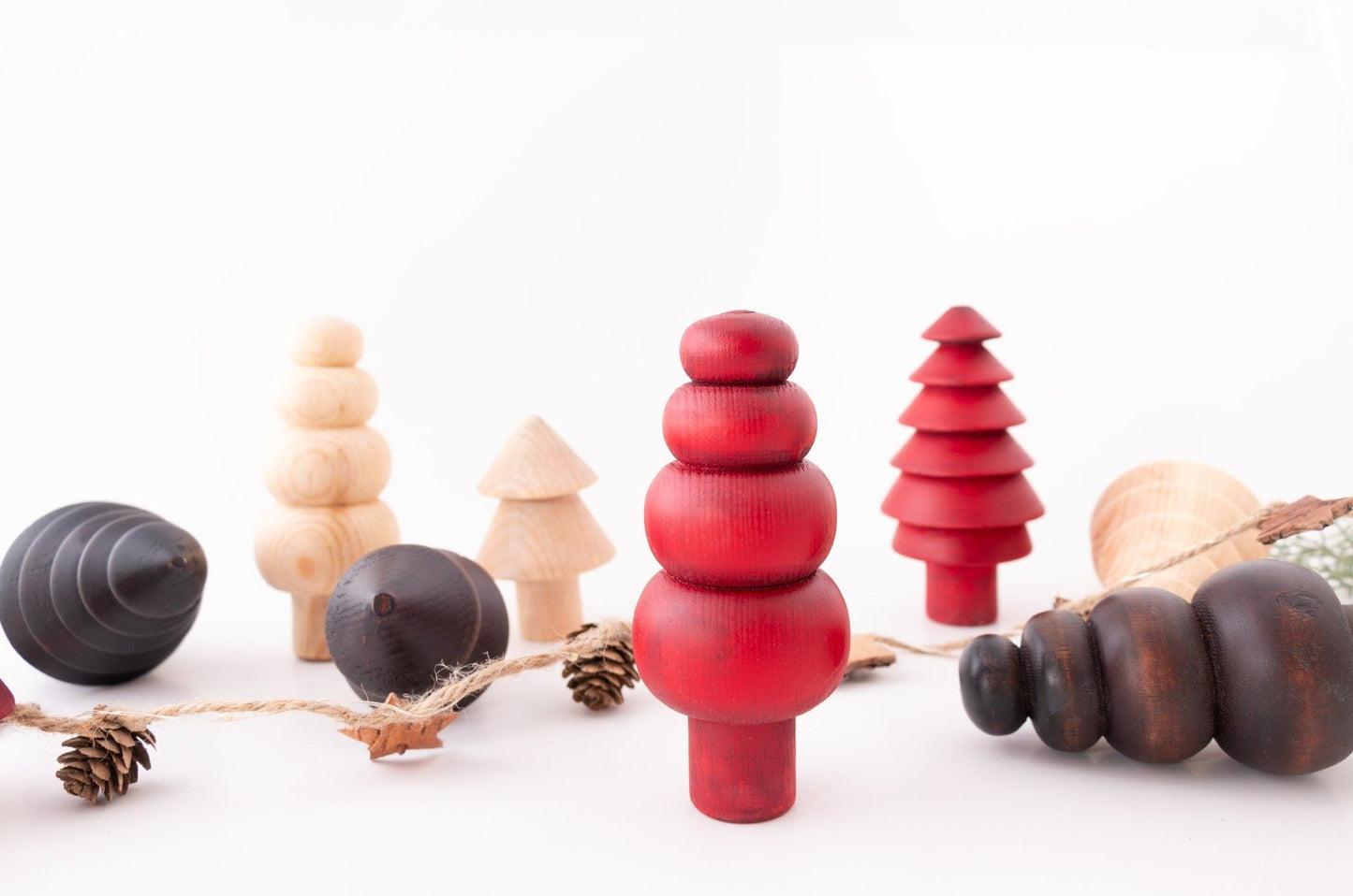 Wooden Christmas Tree Set, Red Stained