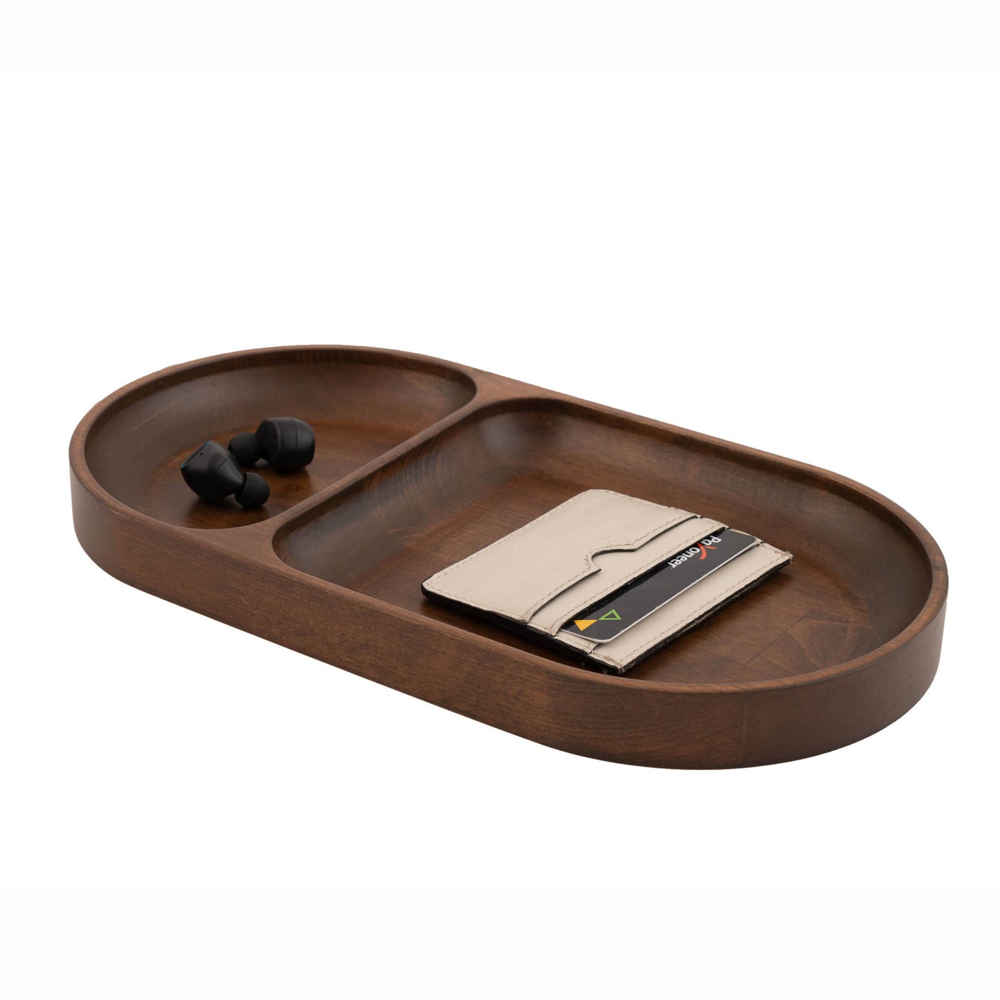 Oval Valet Tray, 2 Compartments, Walnut Stained